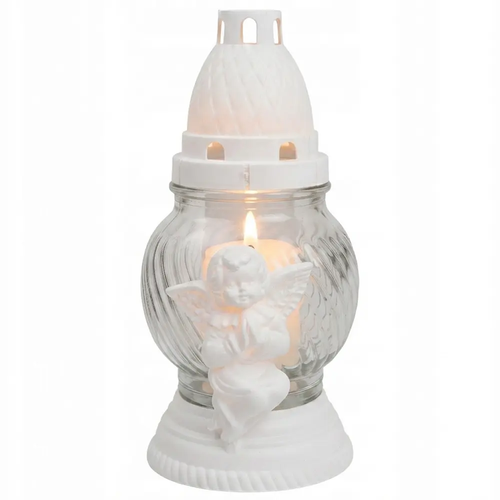Zdjęcie produktu Znicz Szklany na Cmentarz Lampion Biały Anioł z Wkładem Parafinowym 22cm