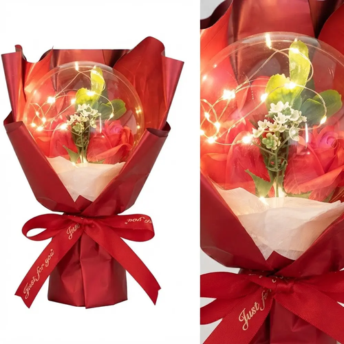 Zdjęcie produktu Wieczny Bukiet Róż Czerwonych w Kuli Z Łańcuchem LED i Wstążką 25 cm 1123 na Baterie