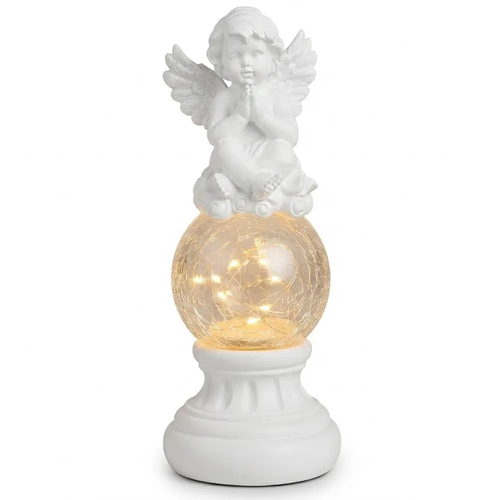 Znicz Figurka LED z Żywicy i Szkła Anioł Szklana Kopuła Solidna S1152 1,26 kg z Bateriami 2 x AA