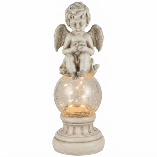 Znicz Figurka LED z Żywicy i Szkła Anioł z Kulą 33cm Szklana Kopuła Solidna S1150 1,26 kg z Bateriami 2 x AA