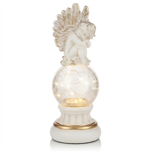 Zdjęcie produktu Znicz Figurka LED z Żywicy i Szkła Anioł Skrzydła z Kulą 33cm Szklana Kopuła S1151 1,2 kg z Bateriami 2 x AA