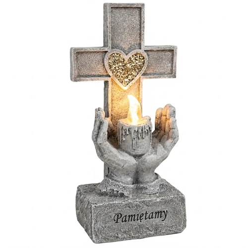 Zdjęcie produktu Znicz Figurka Nagrobna LED z Żywicy Krzyż z Dłońmi 30 x 14cm z Bateriami 2 x AA