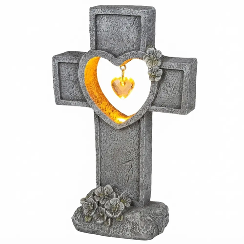 Zdjęcie produktu Znicz Figurka Nagrobna LED z Żywicy Krzyż z Sercem 31cm z Bateriami 2 x AA