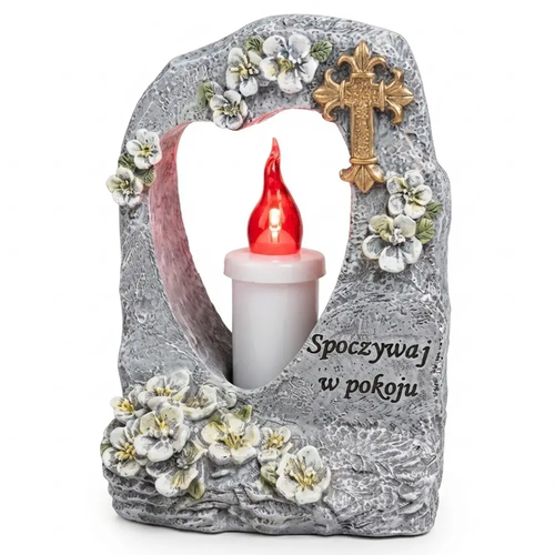 Zdjęcie produktu Znicz Figurka Nagrobna LED z Żywicy Serce 1148 Złoty Krzyż 15 x 21 cm z Bateriami 