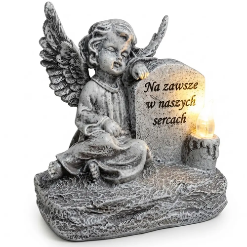 Zdjęcie produktu Znicz Figurka Nagrobna LED z Żywicy Aniołek z Tablicą 1147 14 x 15 cm z Bateriami 