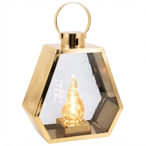 Zdjęcie produktu Znicz Latarnia LED na Cmentarz Duży Złoty z Wkładem LED Ciepły Żywy Płomień Hexagon XXL 25cm