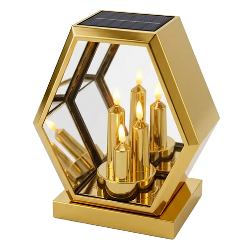 Zdjęcie produktu Znicz solarny LED szklany złoty lampion na grób nagrobny LS-3 25 cm
