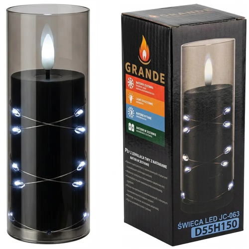 Znicz Wkład Świeca LED Czarno Biała Tuba z Łańcuszkiem LED z Bateriami 5,5 x 15 cm