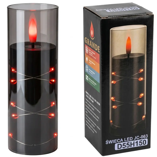 Zdjęcie produktu Znicz Wkład Świeca LED Czarno Czerwona Tuba z Łańcuszkiem LED z Bateriami 5,5 x 15,5 cm