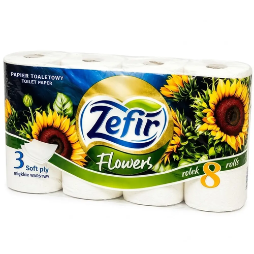 Zdjęcie produktu Papier Toaletowy Biały Zefir Flowers 8 Rolek 3 Warstwy Ekologiczny 100% Cellulozy Miękki 