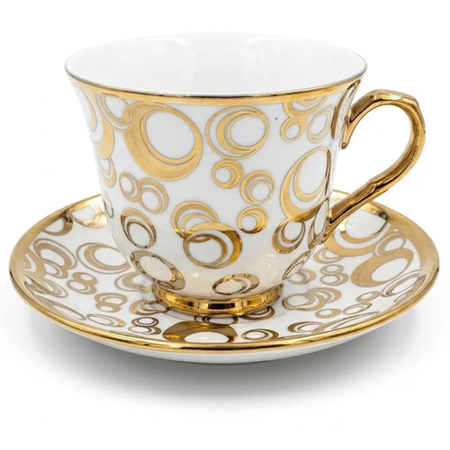 Zdjęcie produktu Filiżanka z Podstawką 6 Kompletów z Porcelany Białe ze Złotymi Zdobieniami na Prezent GP-107