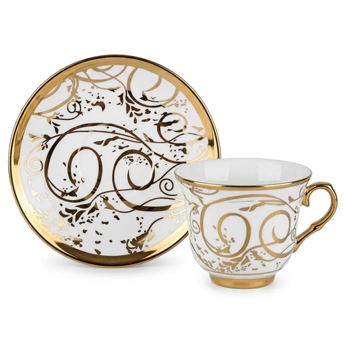Zdjęcie produktu Filiżanka z Podstawką 6 Kompletów z Porcelany Białe ze Złotymi Zdobieniami na Prezent GP-2492