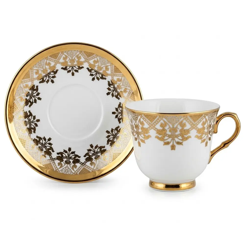 Zdjęcie produktu Filiżanka z Podstawką 6 Kompletów z Porcelany Białe ze Złotymi Zdobieniami na Prezent GB-2015