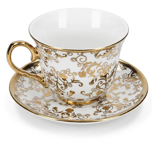Zdjęcie produktu Filiżanka z Podstawką 6 Kompletów z Porcelany Białe ze Złotymi Zdobieniami na Prezent GP-0316