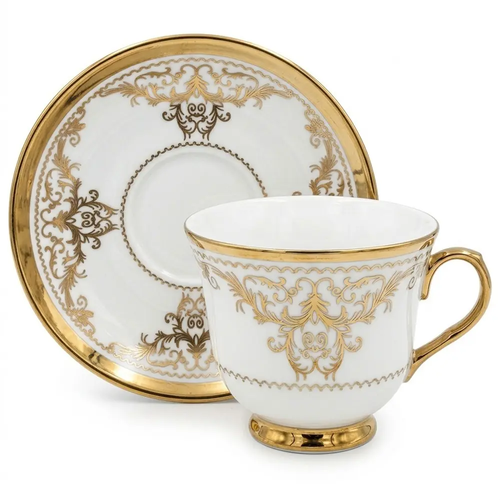 Zdjęcie produktu Filiżanka z Podstawką 6 Kompletów z Porcelany Białe ze Złotymi Zdobieniami na Prezent GB-2013