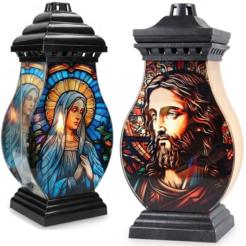 Znicz Szklany na Cmentarz z Maryją lub Jezusem na Wkład Led Lub Tradycyjny 40 cm mix wzór 1 szt.