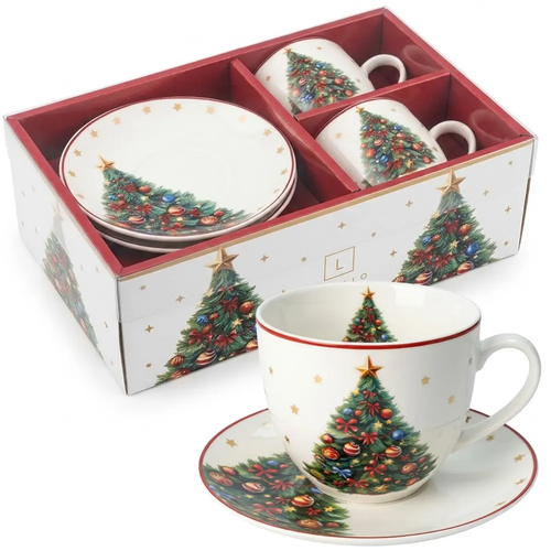 Filiżanki Świąteczne do Kawy i Herbaty Porcelanowe 2 komplety ze spodkami Choinka CR2-S7 250ml