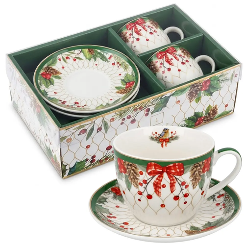 Filiżanki Świąteczne do Kawy i Herbaty Porcelanowe 2 komplety ze spodkami Stroik CR2-S5 250ml