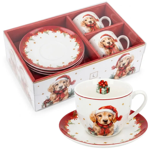 Filiżanki Świąteczne do Kawy i Herbaty Porcelanowe 2 komplety ze spodkami Pies Mikołaj CR2-S1 250ml