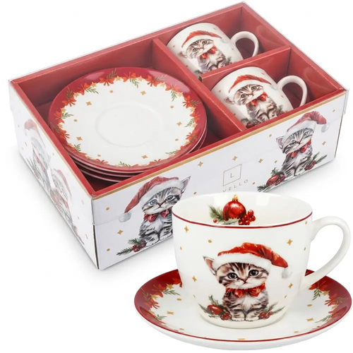Filiżanki Świąteczne do Kawy i Herbaty Porcelanowe 2 komplety ze spodkami Kotek Mikołaj CR2-S2 250ml