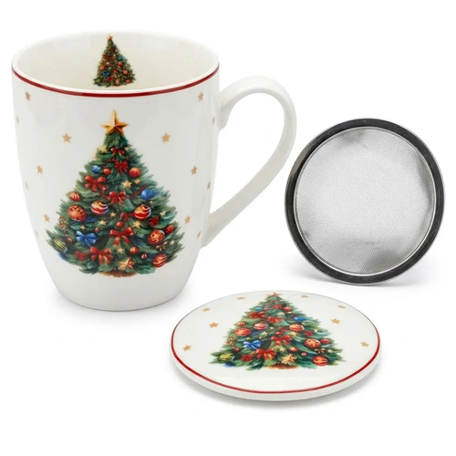 Kubek Świąteczny z Zaparzaczem Porcelanowy z Uchem na Święta Choinka CR3-S7 350ml