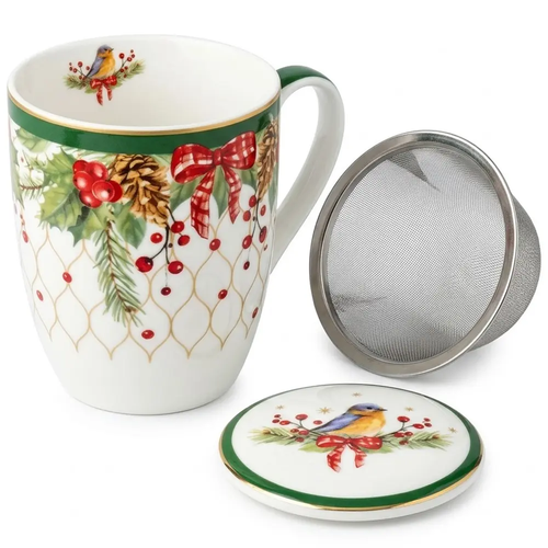 Kubek Świąteczny z Zaparzaczem Porcelanowy z Uchem na Święta Stroik CR3-S5 350ml